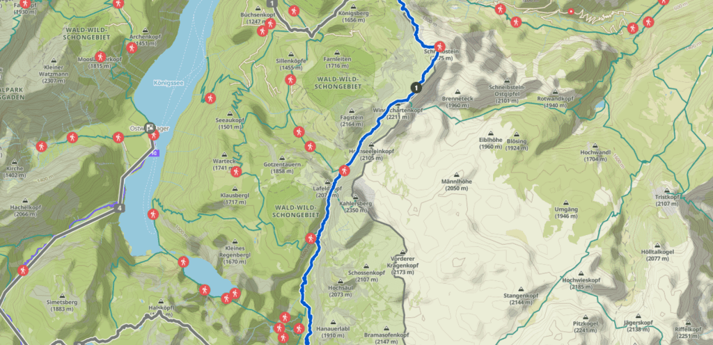 Route der zweiten Etappe Yoga und Wandern rund um den Königssee